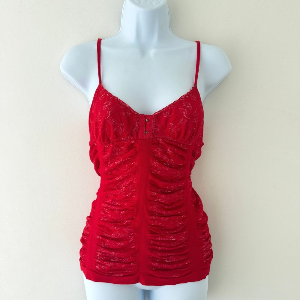 Y2K Sisley Camisole Red Ruched Mesh Babydoll Top Lace Trim Floral Italy